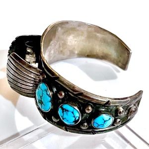 🦋Old Pawn Vintage Navajo Lone Mountain Turquoise Sterling Silver Watch Cuff